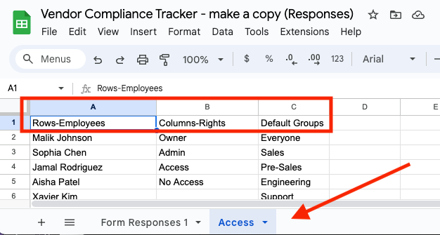 vendor assurance tracker spreadsheet sheet and column changes